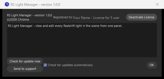 The licence window on a licensed copy, showing Registered to and the Deactivate License button