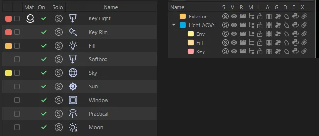 The panel’s colour chips beside the Layer Manager’s Light AOVs layers Env, Fill and Key