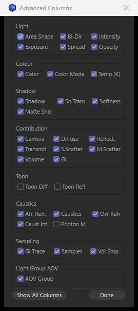 The Advanced Columns window with Toon Diff, Toon Refl and Photon M unticked