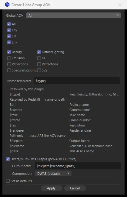 The Create Light Group AOV window with three groups ticked, Beauty and DiffuseLighting, and Direct/Multi-Pass Output ticked