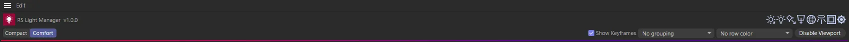 The header row with the plugin icon, title and light-type icons, above the view bar with Compact/Comfort, Show Keyframes, Group by, Row colour and Disable Viewport