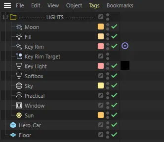 The Object Manager after Organise Lights: the LIGHTS null holds the lights sorted by type, with Key Rim Target after Key Rim