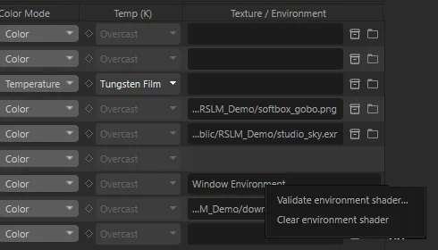 The environment-shader menu on the Window portal: Validate environment shader… and Clear environment shader