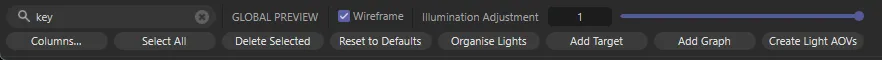 The bottom of the panel: Search with text typed, Global Preview with Wireframe and Illumination Adjustment, then the action-bar buttons