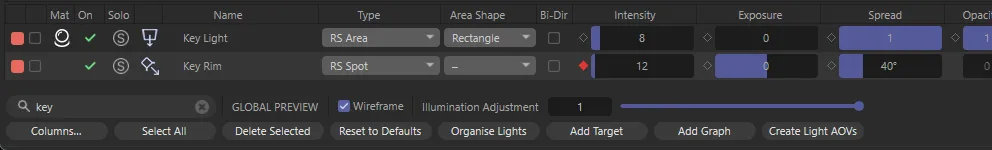 “key” typed in Search, leaving only Key Light and Key Rim in the table
