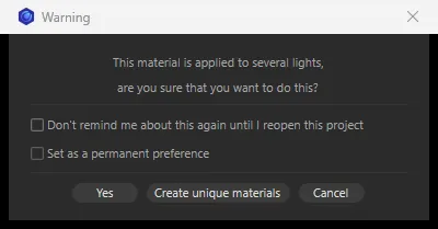 The shared-material Warning window with its two tick boxes and the Yes, Create unique materials and Cancel buttons