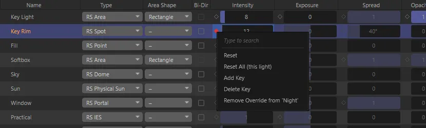 The cell menu on Key Rim’s keyed Intensity in the Night take: Reset, Reset All, Add Key, Delete Key and Remove Override