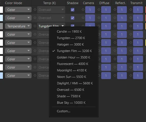 The Temp (K) preset menu open on Fill, with Tungsten Film ticked and Custom… at the bottom