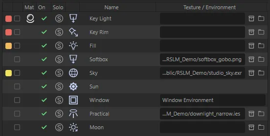 Texture / Environment cells with their Asset Browser and folder buttons: Softbox with a .png, Sky with an .exr, Moon empty