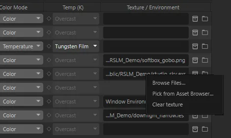 The texture field menu open on Sky: Browse Files…, Pick from Asset Browser… and Clear texture